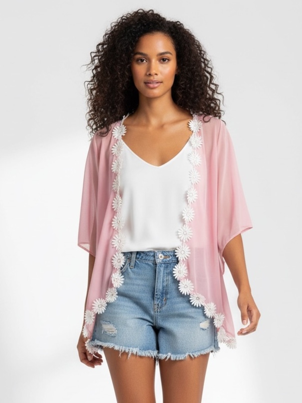 Pink Sheer Cardigan with Floral Trim